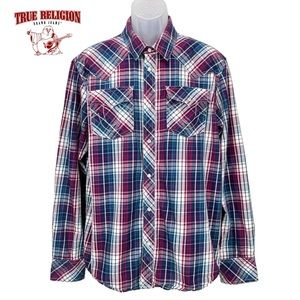 True Religion Mens XL Plaid Western Pearl‎ Snap Shirt Red Blue